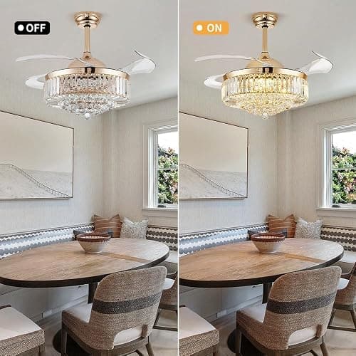 Deliyfans 42'' Fandelier Ceiling Fans with Light, Chandelier Ceiling Fan, Retractable Crystal Ceiling Fan for Bedroom, Living Room, 3 Color Change, LED Dimmable, 6 Speeds, Reversible DC Motor-Gold thumbnail 8