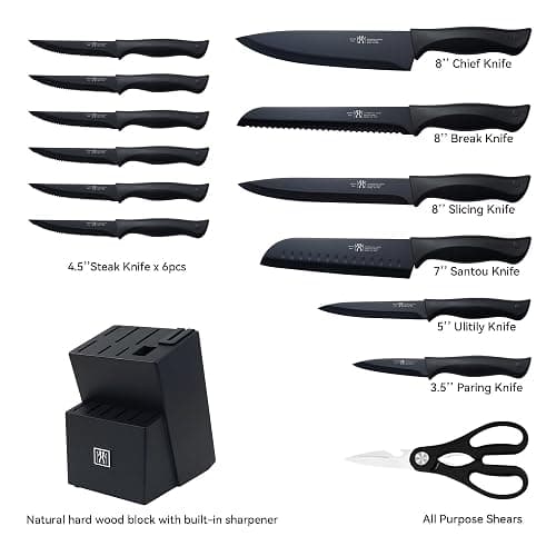 HUNTER.DUAL Knife Set, Dishwasher Safe Kitchen Knife Set with Block, 15 Pcs Black Kitchen Knife Sets with Block Self Sharpening, 6 Steak Knives, Black thumbnail 3