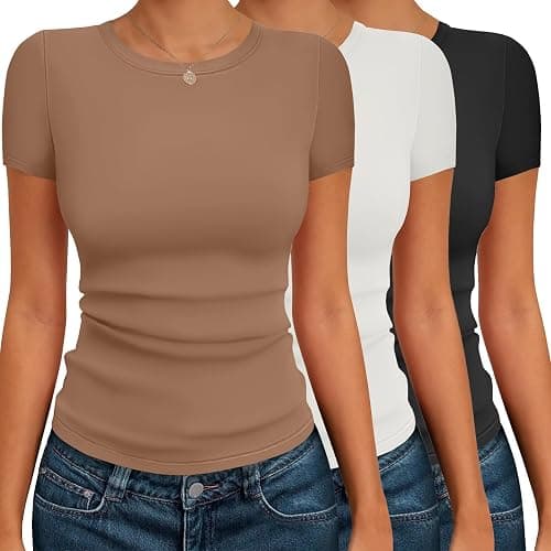 Ekouaer Womens Short Sleeve Shirts 3 Pack Crew Neck Tops Slim Fit Basic Tees Trendy Clothes Base Layer - Image 1