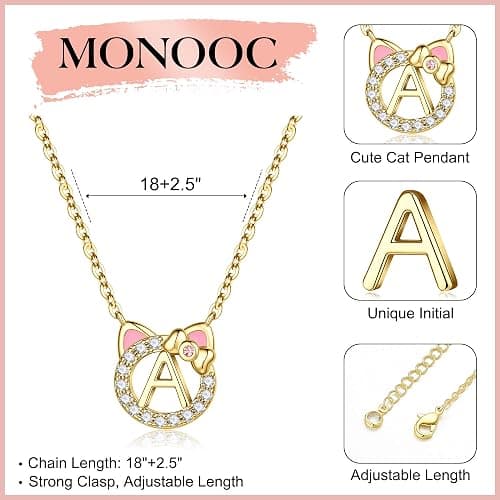 MONOOC Cat Gifts for Girls - Tiny Cat Initial Necklace for Teen Girls Kid | Gift Box Packaging, 14k-Gold-Plated, Cat Themed Gifts for Cat Lovers, Kids Jewelry for Girls, Birthday Gifts for Girl Kids thumbnail 8