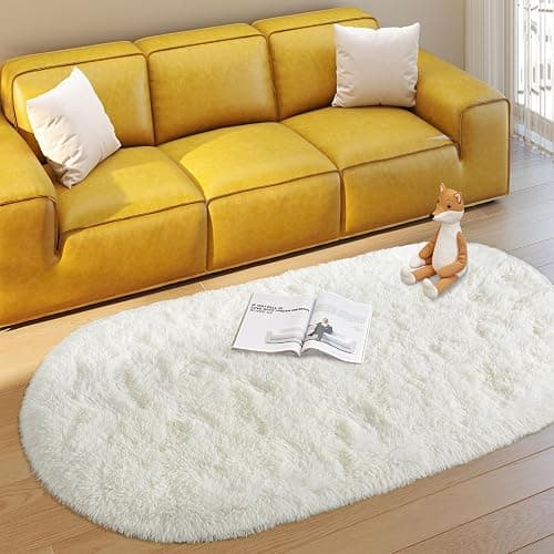 Soft Fluffy Area Rug for Bedroom, Cream White Fuzzy Shaggy Oval Throw Rugs for Bedside, Non-Slip Cozy Plush Shag Carpet for Kids Room Nursery Dorm Living Room, 2.6 x 5.3 Feet thumbnail 2