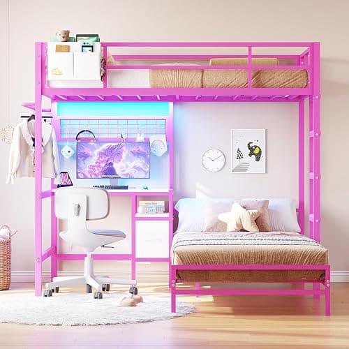 DICTAC Bunk Bed with Desk and Charging Station Metal Loft Bed Twin Size with Led Lights & Storage Shelves and Drawers L-Shaped Twin Over Twin Size Bunk Bed for Teen,Safety Guardrail and Ladder,Pink thumbnail 3