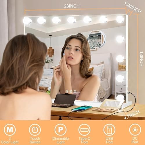 Moonee Vanity Mirror with Lights, Hollywood Lighted Makeup Mirror with 15 Dimmable Bulbs and 10X Magnification, 3 Colors Modes, Aluminum Metal Frame, Light Up Mirror for Tabletop or Wall（23" x 18"） thumbnail 2