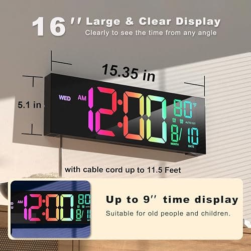 JALL 16" Large Digital Wall Mount Clock, Count Down Timer, Alarm, Big LED, 8 RGB Color, DST, Temperature for Living Room Classroom Desk, Xmas, Birthday Gift for Senior Mom Dad (Black, 16 inches) thumbnail 2