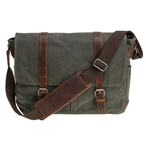 Vintage Genuine Leather Waxed Canvas Briefcase Large Satchel Shoulder Bag Rugged Computer 15.6" Laptop Bag - Image 1