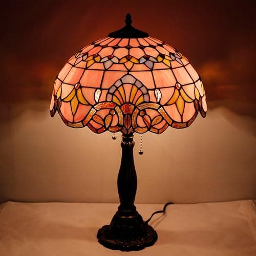 WERFACTORY Tiffany Lamp Pink Stained Glass Baroque Bedside Table Lamp Style Desk Light 16X16X24 Inches Decor Bedroom Living Room Home Office S003P Series thumbnail 6
