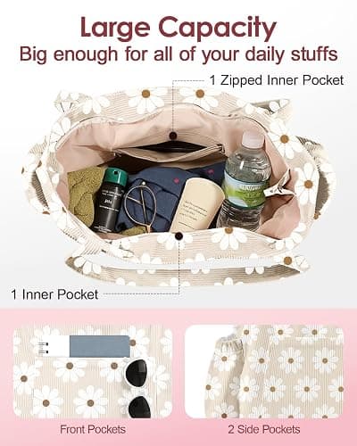 Miss Adola Cute Corduroy Tote Bag for Women Multi-Pocket with Zipper | Large Capacity Shoulder Bag for Work, Travel, and Shopping thumbnail 5