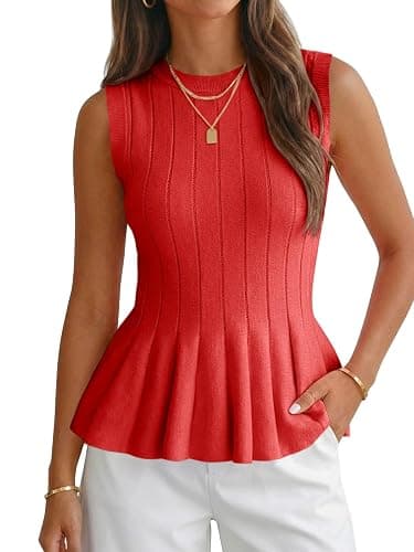 Cicy Bell Womens Pleated Peplum Tank Tops Fitted Ribbed Knit Crew Neck Blouses Summer Sweater Vest - Image 1