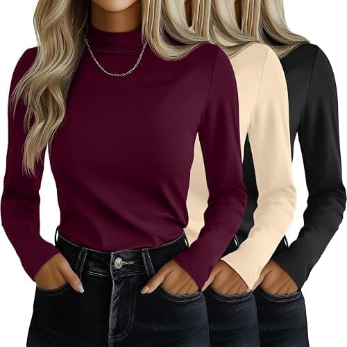 Ficerd 3 Pack Women's Mock Turtleneck Shirts, Long Sleeve Mock Neck Pullover Tops Slim Fitted Stretch Undershirt Tee Blouse - Image 1