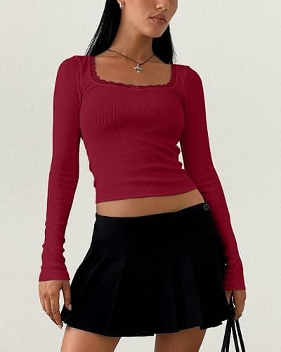 NODHUT Women's Long Sleeve Crop Top Square Neck Going Out Tops Cute Ribbed Knit Bow Knot Lace Patchwork T Shirts thumbnail 5