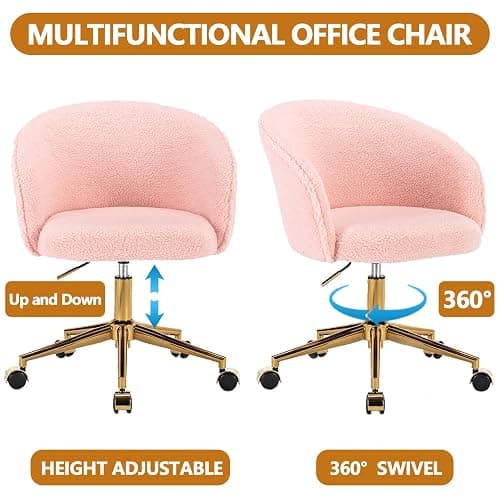 Nahenduo Cute Vanity Chair with Back, Teddy Velvet Desk Chair with Wheels and Gold Legs, Modern Makeup Chairs for Vanity Bedroom Office, Adjustable High 360 Swivel (Pink) thumbnail 3