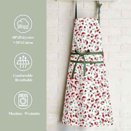 BOUND DUO Women's Cherry Floral Print Vintage Kitchen Cooking Apron | Adjustable Tie Straps & Big Storage Pockets, Cute Gardening Pinafore, Nice Gift for Baking & Tea Lovers(Cherry red) thumbnail 3