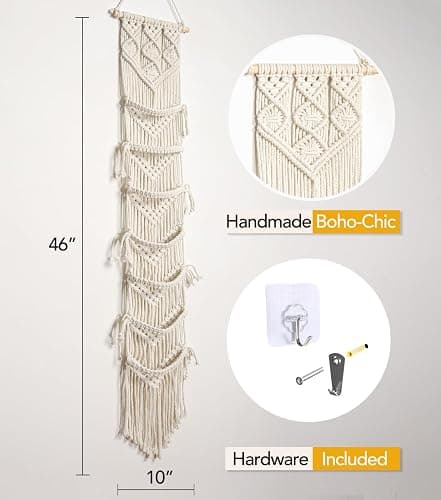 Clysuply Boho Baseball Cap Hanger-1 Pack-Macrame Hat Organizer for Ball Caps Holder Over Door, Hat Rack for Wall, Cap Rack for Decoration and Display, Boho Handmade Cap Display 7 caps （cream thumbnail 3