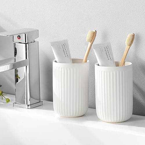 White Toothbrush Holders for Bathrooms - 2 Cups Ceramic Toothbrush Toothpaste Holders Set, White Bathroom Tumbler Cups Reusable Toothbrush Mouthwash Cup, Bathroom Counter Organizer. - Warm White - 2pcs thumbnail 6
