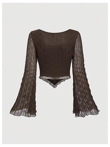 SOLY HUX Women's Long Bell Sleeve Tops Mesh Sweetheart Neck Going Out Crop Top Casual Asymmetrical T Shirts Tees thumbnail 2