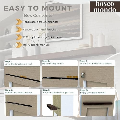 BoscoMondo Solid Wood Fireplace Mantel Shelf, Floating Mantle for Living Room, Farmhouse Rustic Wood Mantel, Easy Wall Mount with Heavy-Duty Metal Bracket (60", Intense Brown) - 60" - Intense Brown thumbnail 8
