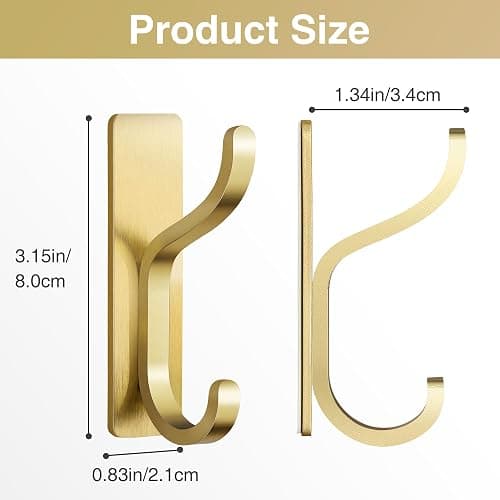 pickpiff Adhesive Wall Coat Hooks - Heavy Duty Stick-On Door Hanger, Metal Hook for Hanging Towel,Purse, Robe, Backpack, Jacket, Clothes - for Bathroom,Dorm, Closet, Kitchen - Gold, 4 Pack thumbnail 2