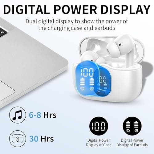 Wireless Earbuds, Bluetooth Headphones 5.4 HiFi Stereo, Wireless Earphones with ENC Noise Cancelling Mic, IP7 Waterproof in Ear Headphones, LED Digital Display Ear Buds, Touch Control, White thumbnail 4