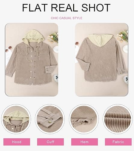 Dokotoo Womens 2025 Fall Corduroy Shacket Jacket Long Sleeve Button Down Color Block Hooded Coat with Pockets thumbnail 5