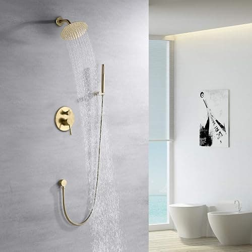 sumerain Brushed Gold Shower Faucet System with high pressure 8 Inches rain shower head and brass hand shower, Rough-In Valve Body and Trim Included - 2 Function - Brushed Gold thumbnail 3