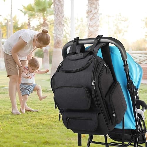 Mancro Diaper Bag Backpack, Multifunctional Dad Diaper Bag with 2 Side Insulated Pockets, Travel Water Resistant Baby Diaper Backpack for Men Women with Stroller Straps, Black thumbnail 2