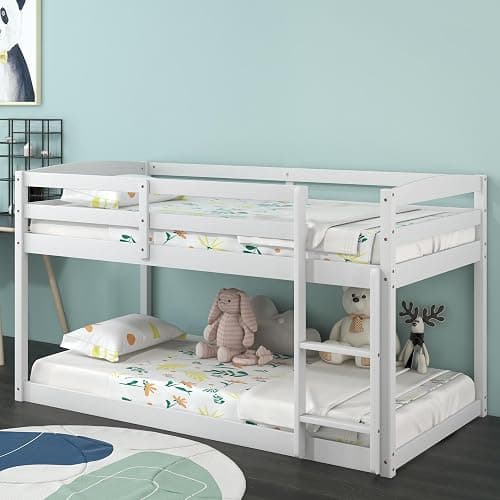 KOMFOTT Low Bunk Bed Twin Over Twin, Solid Wood Bunk Bed Frame with Built-in Ladder & Safety Guardrails, Space-Saving Low Bunk Bed for Kids, Teens, No Box Spring Needed thumbnail 3