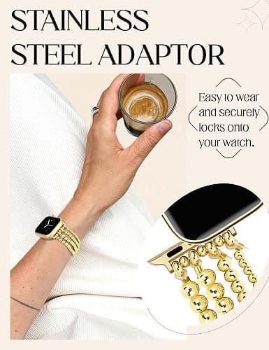 JR.DM Gold Beaded Bracelet Bands Women Compatible with Apple Watch 40mm 42mm(S10/11) 41mm 38mm Dressy Fancy Stretchy Elastic Jewelry Strap Replacement for iWatch Series 11/10/9/8/7/6/5/4/3/2/1/SE thumbnail 6
