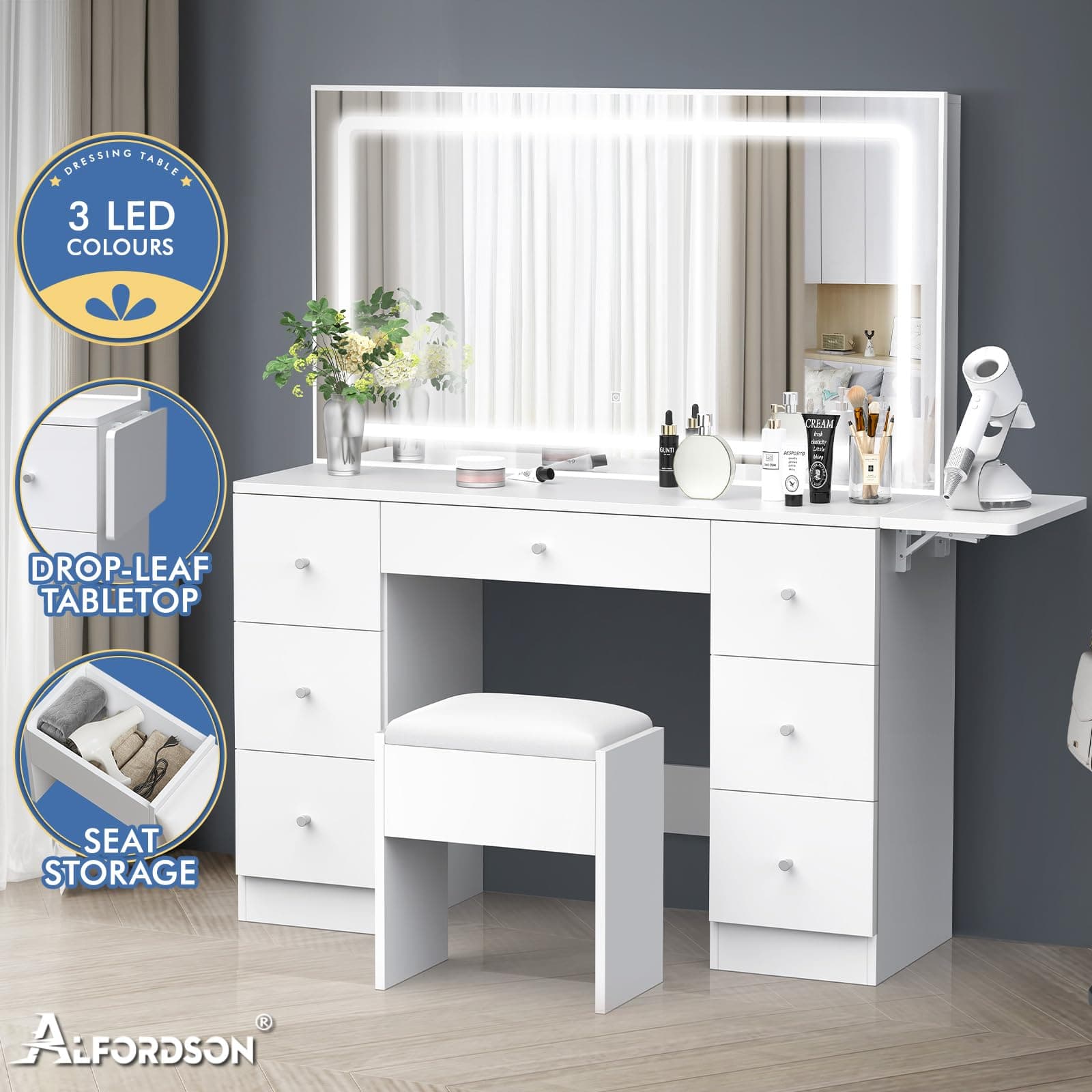 ALFORDSON Vanity Dressing Table Chair Set with LED Mirror, 140cm Dress Table and Matching Stool Sets, Makeup Desk with Extendable Countertop, White thumbnail 2