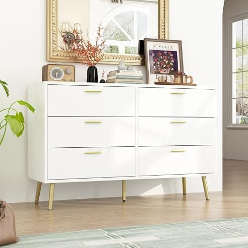 TAMUNE 47.2” 6 Drawer Dresser, Modern 6-Drawer Chest with Gold Metal Handles, Bedroom Dresser with Gold Metal Legs, for Living Room Entryway White (47.2”W x 15.7”D x 30.1”H) - Image 1