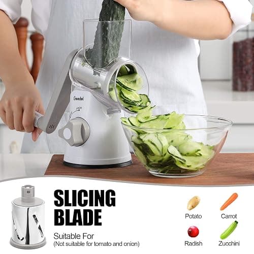 Geedel Rotary Cheese Grater, Kitchen Mandoline Vegetable Slicer with 3 Interchangeable Blades, Easy to Clean Rotary Grater Slicer for Fruit, Vegetables, Nuts thumbnail 5