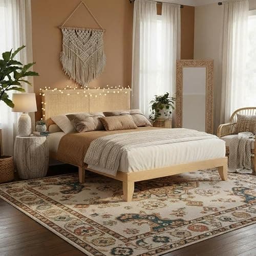 Garvee Bohemian Full Rattan Bed LED Natural Headboard Bedroom | Bohemian full rattan bed with natural headboard, LED lights, solid wood frame. No box spring needed for bedroom use. thumbnail 7