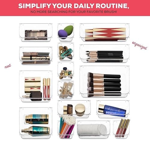 25 PCS Clear Plastic Drawer Organizers Set, 4-Size Versatile Bathroom and Vanity Drawer Organizer Trays, Storage Bins for Makeup, Bedroom, Kitchen Gadgets Utensils and Office Accessories thumbnail 5