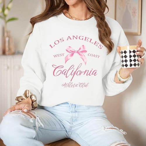 Kelxjia Bow Crewneck Sweatshirt California Los Angeles Sweatshirts for Women Cute Preppy Clothes for Teen Girls Coquette Tops thumbnail 2