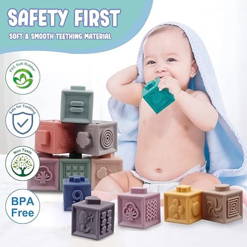 Plunack Baby Toys 6-12 Months Montessori Sensory Toys for Toddlers 3 in 1 Stacking Building Blocks Soft Infant Teething Toys Educational Learning Toys for Babies 3-6-9-12 Months Boys Girls | Food-grade Silicone, Stacking & Nesting Play, Embossed Letters, Numbers, Animals & Shapes, Washable, BPA-free, Teething Safe thumbnail 3