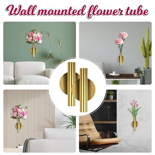 2 PCS Wall Vases for Flowers, Gold Flower Vase Metal Hanging Plant Holder Small Gold Vase Flowers Tube Wall Planter Hanging Vase for Modern Home Decor Display Dried Faux Flower Fake Flower thumbnail 6