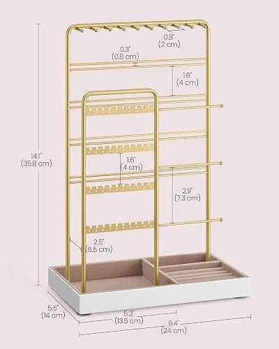 SONGMICS Jewelry Holder, Jewelry Organizer, Jewelry Display Stand with Metal Frame, Velvet Tray, Necklace Earring Bracelet Holder, for Studs, Rings, Christmas Gift, Pale Gold UJJS028A01 thumbnail 3