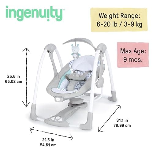 Ingenuity ConvertMe 2-in-1 Compact Portable Automatic Baby Swing & Infant Seat, Battery-Powered Vibrations, Nature Sounds, 0-9 Months 6-20 lbs (Raylan) | Electric Swing to Infant Seat, 5 Swing Settings, Battery-Saving Vibrations, Nature Sounds, USB PowerAdapt Cord, 6-20 lbs thumbnail 3