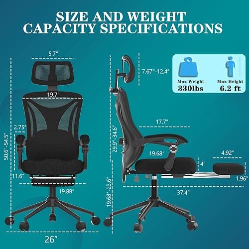 Ergonomic Office Chair with Footrest - Adjustable Lumbar Support & Headrest, 90-160° Reclining Mesh Back Computer Chair - Home Office/Gaming, 330lbs Capacity (SGS Certified) thumbnail 2