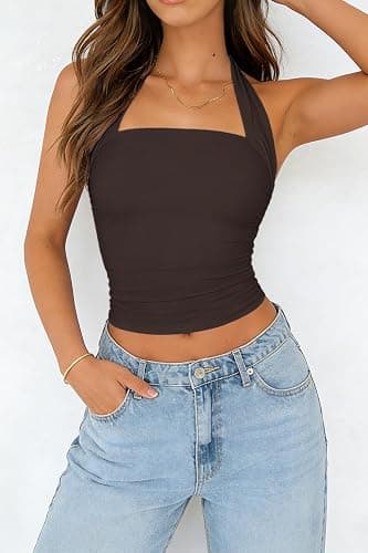 ForeFair Womens Backless Halter Tops Going Out Double Lined Crop Tank Top Open Back Sleeveless Slim Fit Y2k Summer Tops thumbnail 4