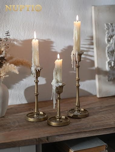 NUPTIO Cast Iron Taper Candle Holders, Set of 3 Antique Brass Candlesticks | Heavy Construction, Vintage Texture, Stable Candle Base, Fireplace Mantel, Table Decor thumbnail 2
