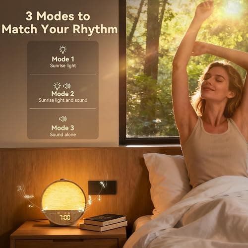 Vivilumens Wood Grain Sunrise Alarm Clock, Gentle Wake-Up Light Sound Machine, Dual Alarms for Heavy Sleepers, Natural Sounds, RGB Mood Light, Dimmable Bedside Night Lamp, Ideal for Bedroom & Gifts thumbnail 4