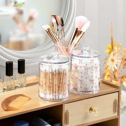 Gredecor 4 Pack Qtip Holder Clear Aesthetic Pink Ribbon Bow Apothecary Jars with Lids Acrylic Bathroom Jars Vanity Countertop Canister Storage Organizer for Cotton Ball,Swabs,Pads,Floss thumbnail 6