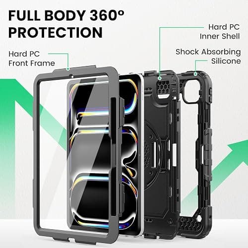 SEYMAC for iPad Pro 11 Inch Case M5 2025 / M4 2024, Heavy Duty Shockproof Protective Case with Screen Protector, 360° Rotating Stand, Hand/Shoulder Strap and Pen Holder, Black thumbnail 5