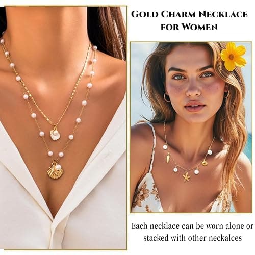 RIXERKOC Collier de Charme en Or pour Femme, Délicat Pendentif Etoile de Mer en Perle, collier joli coquillage en or 14k, collier ras de cou à breloques boho, bijoux d'été plage surfeur - B thumbnail 6