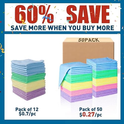 TEAWOO Microfiber Cleaning Cloths-50 Pack, Microfiber Towels Bulk, Towels for Cars & Home, Cleaning Rags 5 Colors Assorted (12x12 inches) thumbnail 2