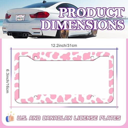 Cow Print License Plate Frame - 2 PCS Cute Pink Cow Print Animal Spots License Plate Holder, Rust-Proof Stainless Steel License Plate Cover Decoration with Screws Caps for Standard Us 12x6 Inch thumbnail 2