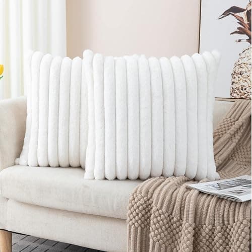 ZLINA Set of 2 Cream White Faux Fur Decorative Throw Pillow Covers Fluffy Striped Pillowcase Cushion Covers 18 x 18 Inch Decor Sofa Couch Bedroom thumbnail 2