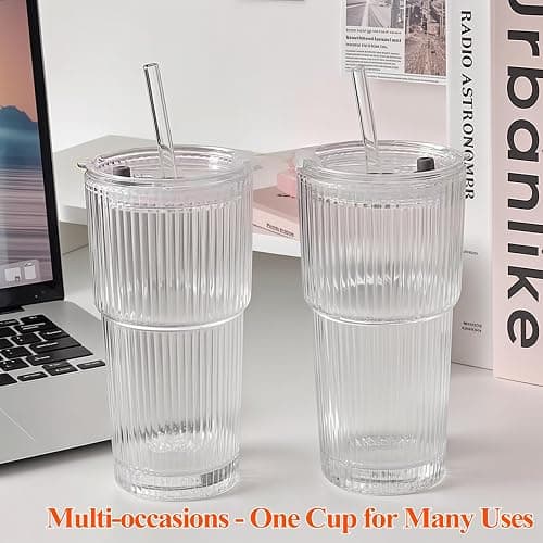 20 oz Ribbed Glass Tumblers with Lids and Straws – Set of 4 Thickened Glassware, Elegant Durable Ribbed Drinking Glasses Bulk for Iced Coffee Cups, Cocktails, Smoothies, Juice, Hot or Cold Beverages thumbnail 8