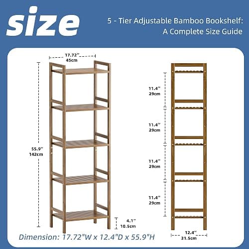 HITNET Bamboo Book Shelf, Tall Narrow Bookcase, Bathroom Shelving Unit 5 Tier Floor Standing Adjustable Bookshelf for Small Spaces, Walnut thumbnail 3