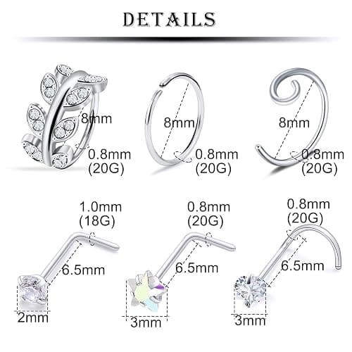 Kridzisw 18G 20G Nose Rings Studs Hypoallergenic 316L Surgical Steel L Shaped Screw Nose Rings Hoops Silver Heart Star Diamond Nose Piercing Jewelry for Women Men 42pcs thumbnail 2